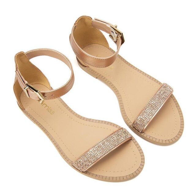 Sandália Rasteira Feminina Strass Fivela Verão Casual