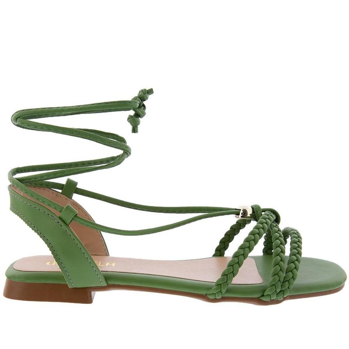 Sandália Rasteira Gabriela Amarração Tiras Tressê Verde - Verde Menor preço em Sandália Rasteira Gabriela Amarração Tiras Tressê Verde - Verde