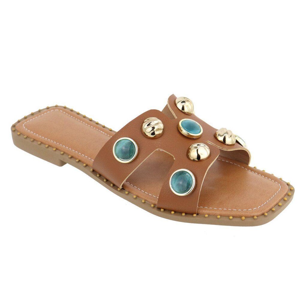 Sandalia Rasteira H Detalhe Abs Confortavel Casual Feminina Caramelo/azul