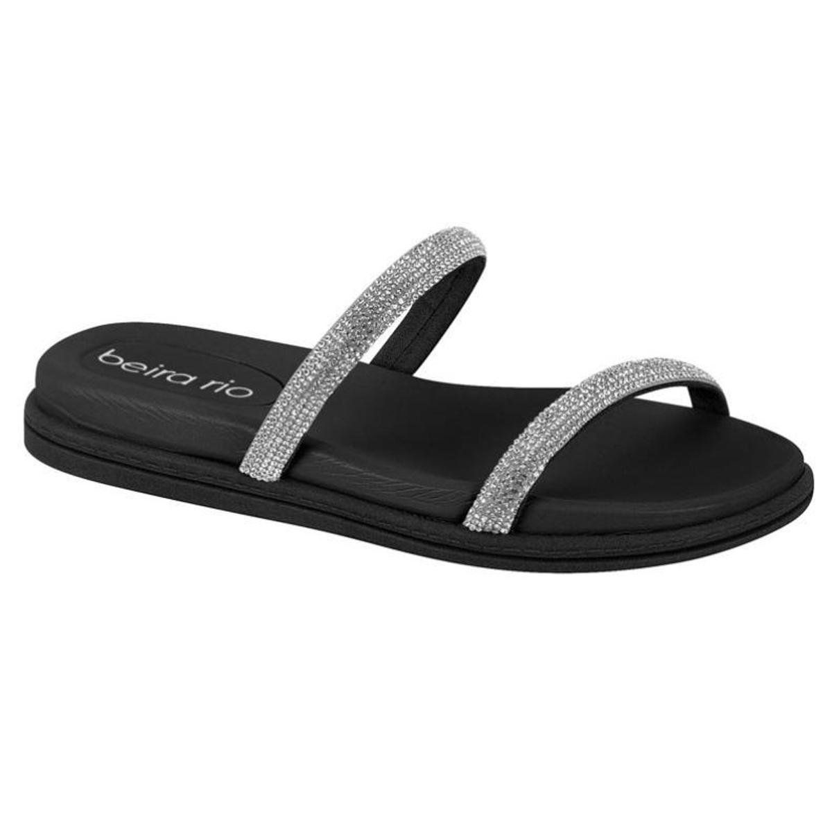 Sandália Rasteirinha Slide Beira Rio Tiras Strass 8488.105 - Preto+Prata Menor preço em Sandália Rasteirinha Slide Beira Rio Tiras Strass 8488.105 - Preto+Prata