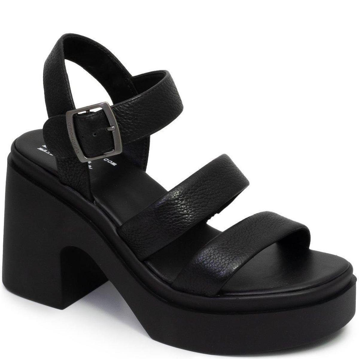 Sandália Salto Bloco Alto em Couro Cravo E Canela 1104 Zattini