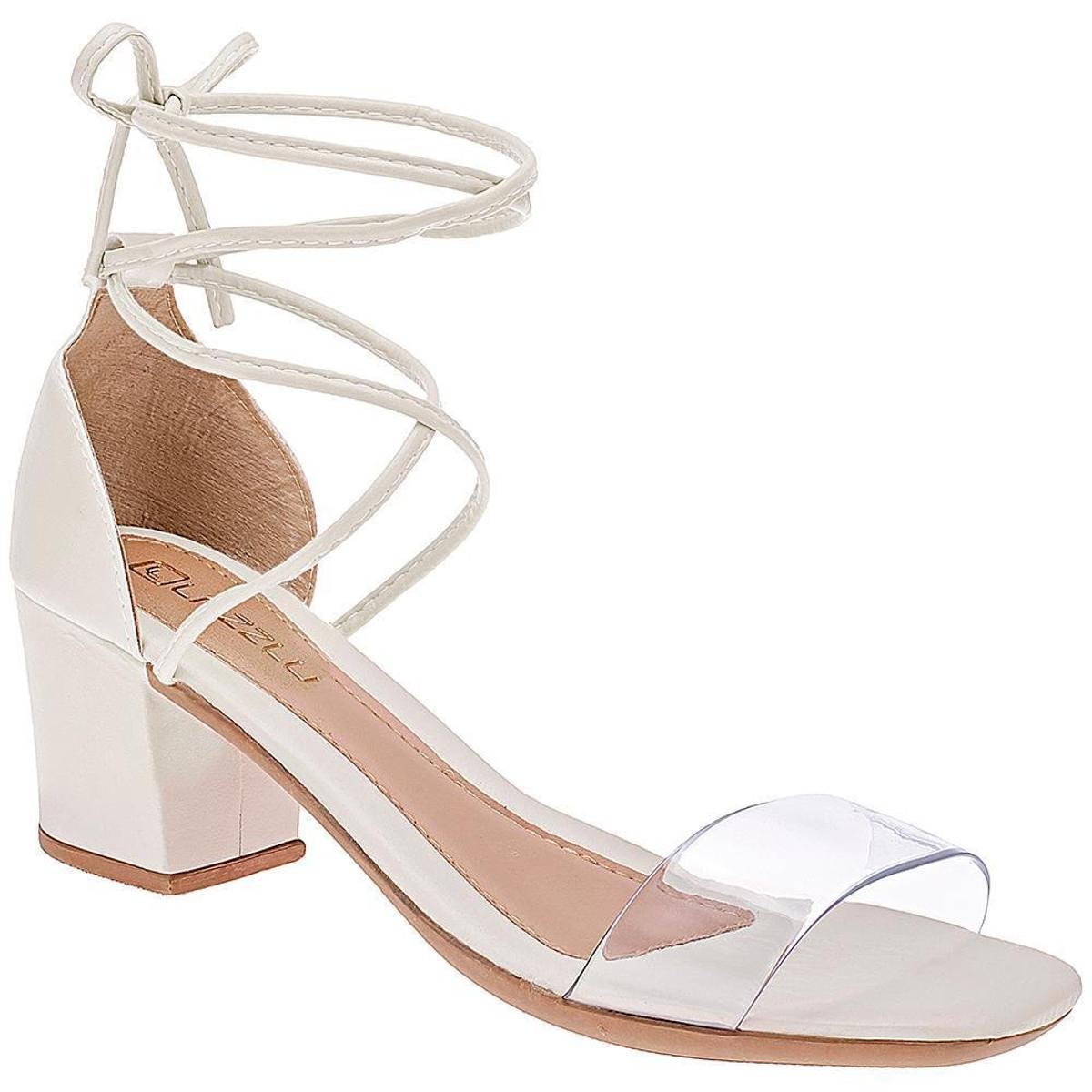 Sandália Salto Bloco Vinil Transparente Tiras de Amarrar Médio
