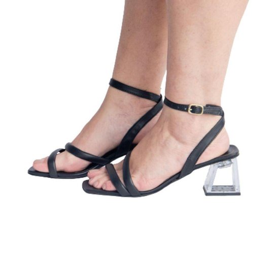 Sandália Salto Grosso Médio Transparente Feminina Tiras e Fivela