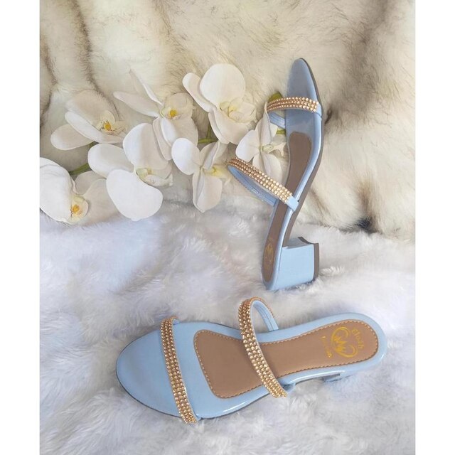Sandalia Salto Grosso Tendencia Moda Detalhe Strass Conforto