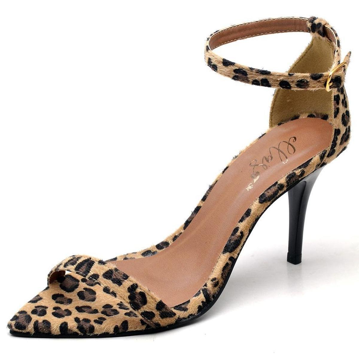 Sandália Salto Médio Fino Feminina Bico Folha com Tira Fina Estampa Onça - Onça Menor preço em Sandália Salto Médio Fino Feminina Bico Folha com Tira Fina Estampa Onça - Onça