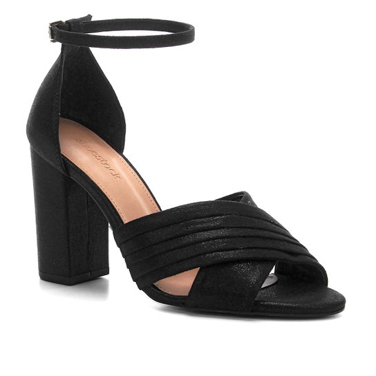 Sandália Shoestock Plissada Salto Bloco Feminina - Preto