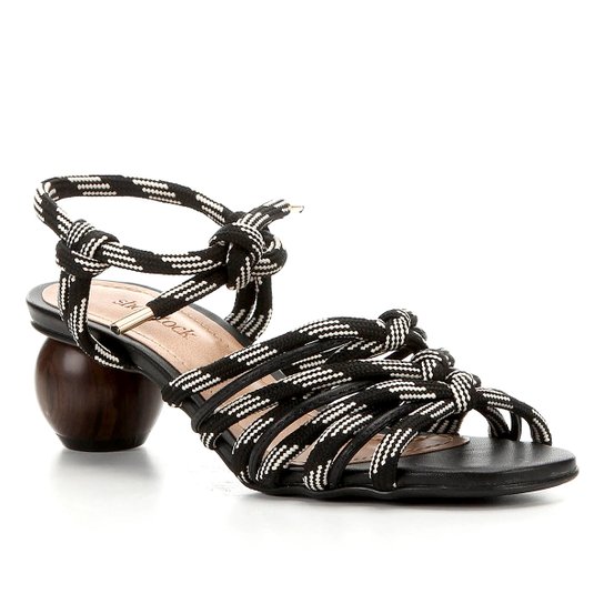 Sandália Shoestock Salto Baixo Redondo Feminina - Preto+Branco