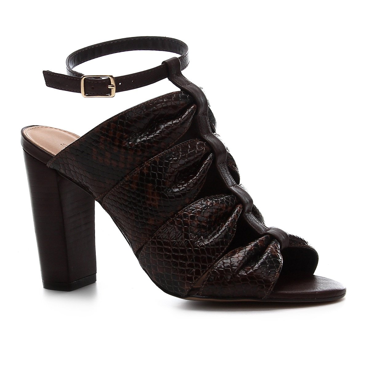 Sandália Shoestock Salto Bloco Couro Snake Drapeado - Marrom Menor preço em Sandália Shoestock Salto Bloco Couro Snake Drapeado - Marrom