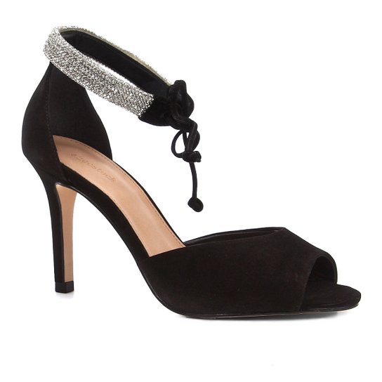 Sandália Shoestock Salto Fino Nobuck Cristal Feminina - Preto