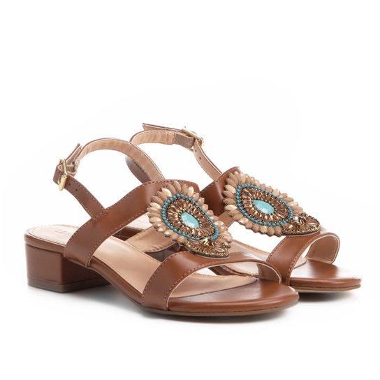 Sandália Shoestock Salto Grosso Pedras Color Feminina - Caramelo