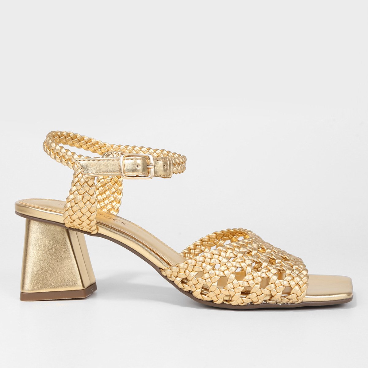 Sandália Shoestock Tramado Salto Bloco Médio Feminina - Dourado Menor preço em Sandália Shoestock Tramado Salto Bloco Médio Feminina - Dourado