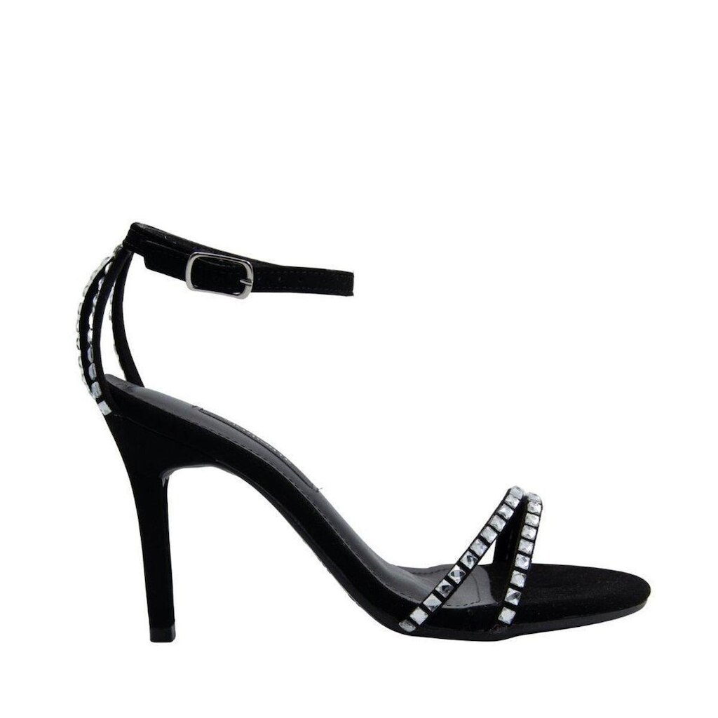Sandalia Via Marte Preta de Salto Alto com Detalhes em Strass