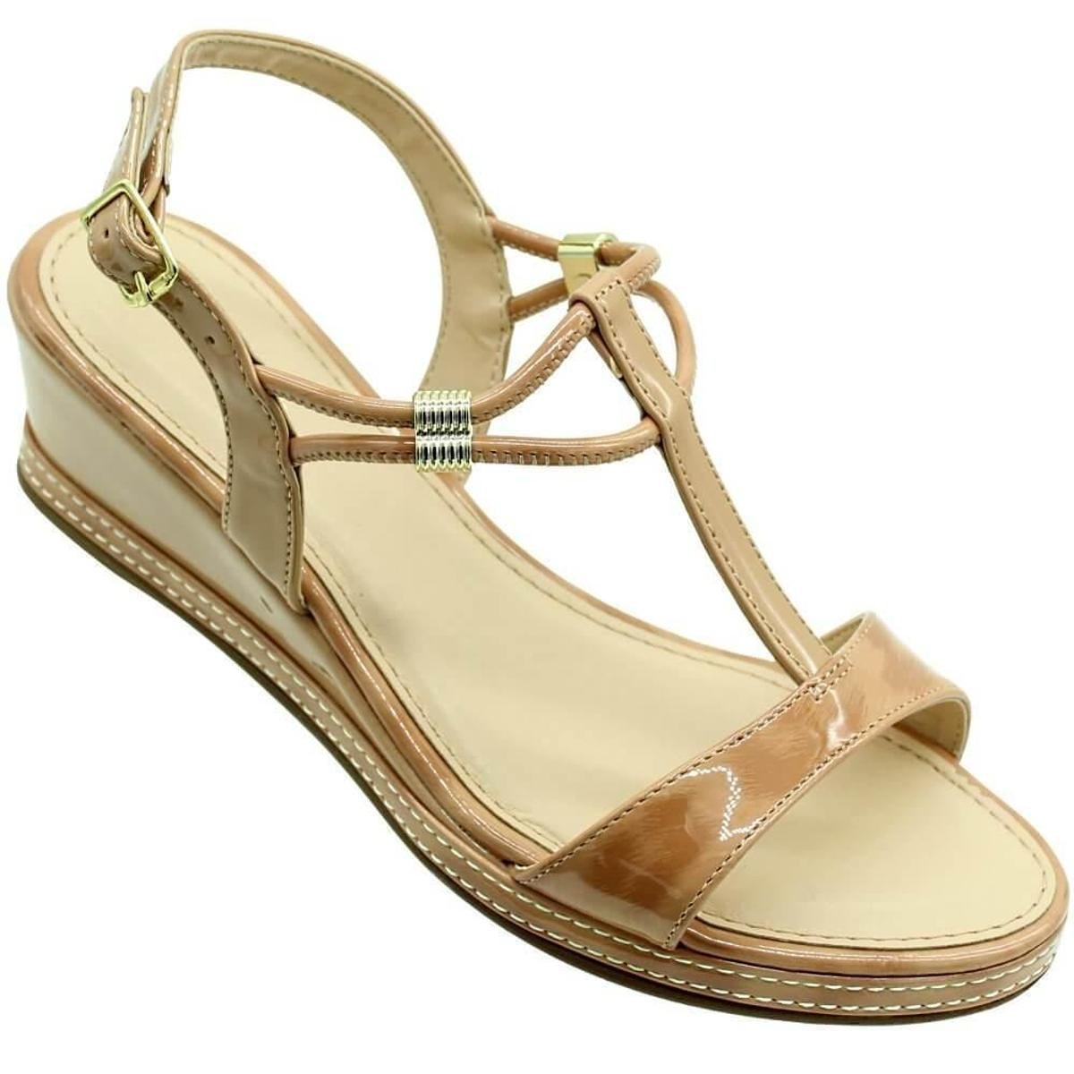 Sandália Via Scarpa Anabela Verniz Antique Feminina - Nude Menor preço em Sandália Via Scarpa Anabela Verniz Antique Feminina - Nude