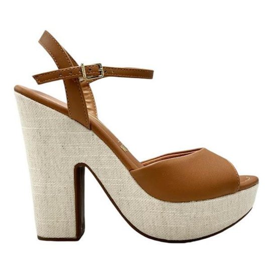 Sandalia Vizzano Salto Grosso Meia Pata Marrom Camel Tecido Linho