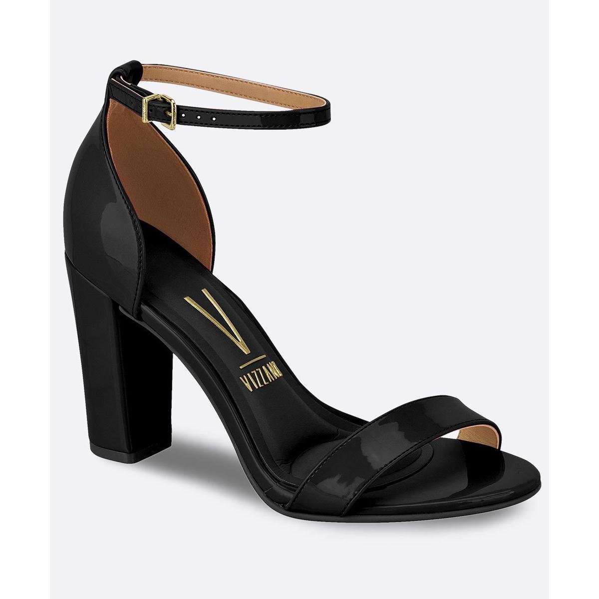 Sandalia Preta Salto Grosso Verniz Sandália Salto Grosso Preta