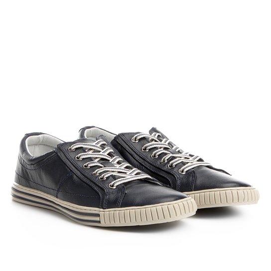 Sapatênis Couro Shoestock Listras Masculino - Marinho