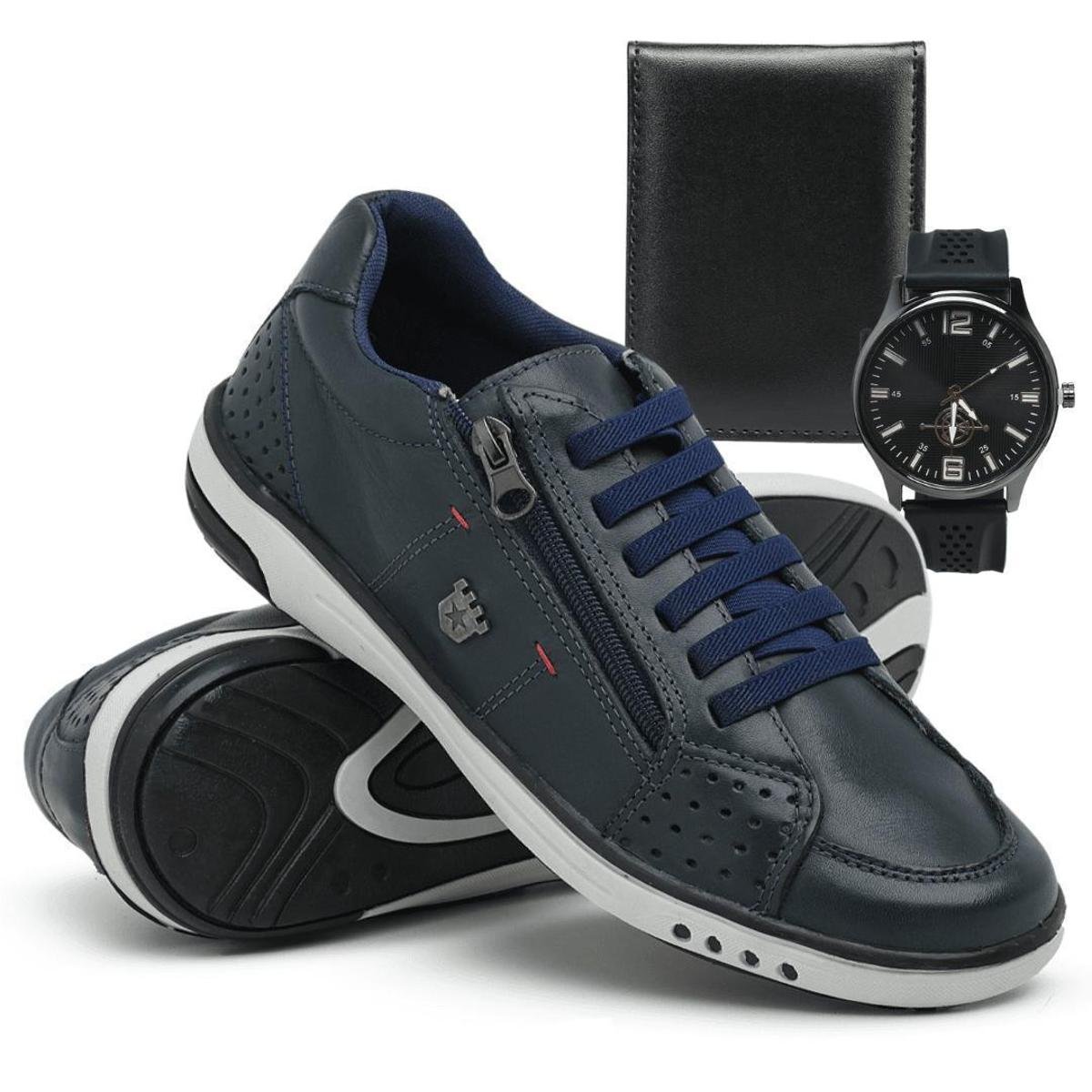 Sapatenis Masculino Madrid Com Ziper Calce Facil + RelOgio + Carteira - Azul - Azul Menor preço em Sapatenis Masculino Madrid Com Ziper Calce Facil + RelOgio + Carteira - Azul - Azul