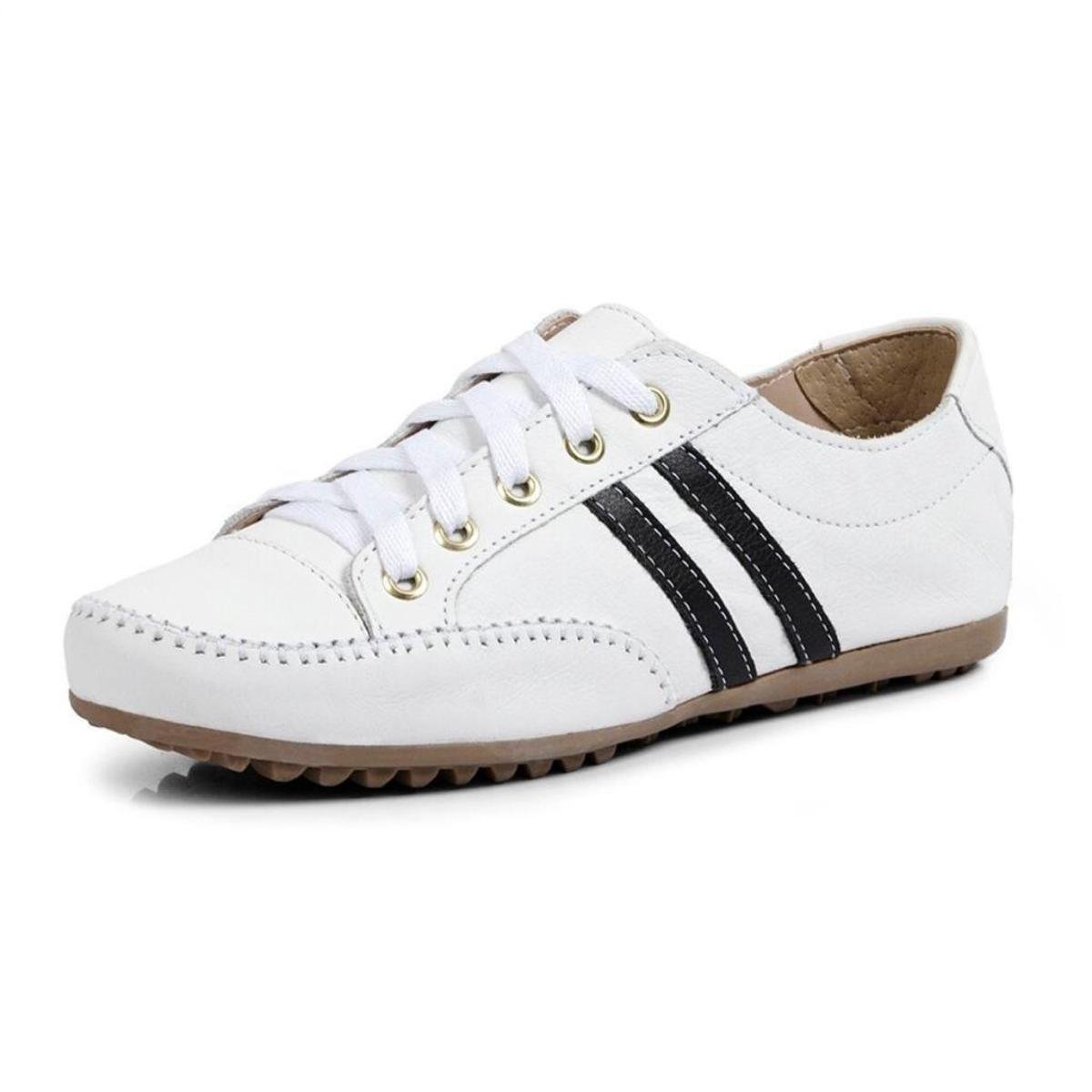 Sapatênis Mocatênis De Couro Feminino Confort Branco Preto - Branco+Preto Menor preço em Sapatênis Mocatênis De Couro Feminino Confort Branco Preto - Branco+Preto