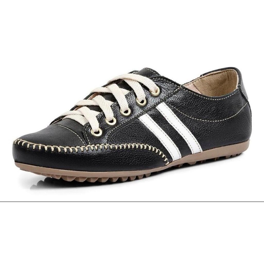 Sapatênis Mocatênis De Couro Feminino Confort Preto Branco
