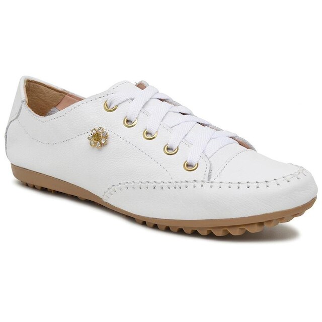 Sapatenis Tenis Casual Feminino de Couro com Costura Manual e Detalhe Metal