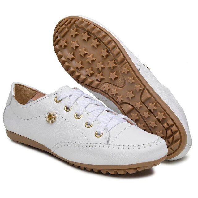 Sapatenis Tenis Casual Feminino de Couro com Costura Manual e Detalhe Metal