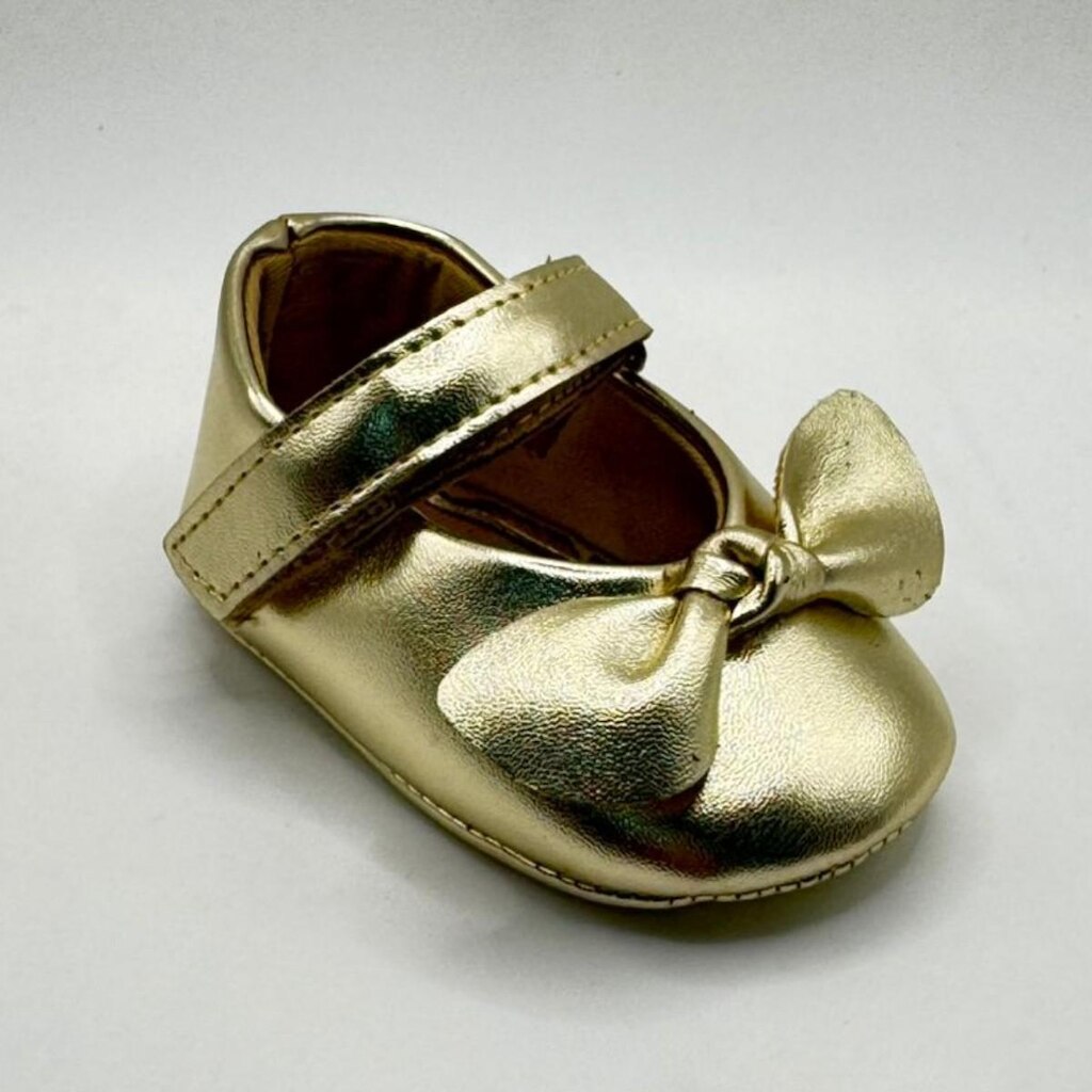 Sapatilha Bebe Sapato Boneca Dourado Laço Velcro Confort