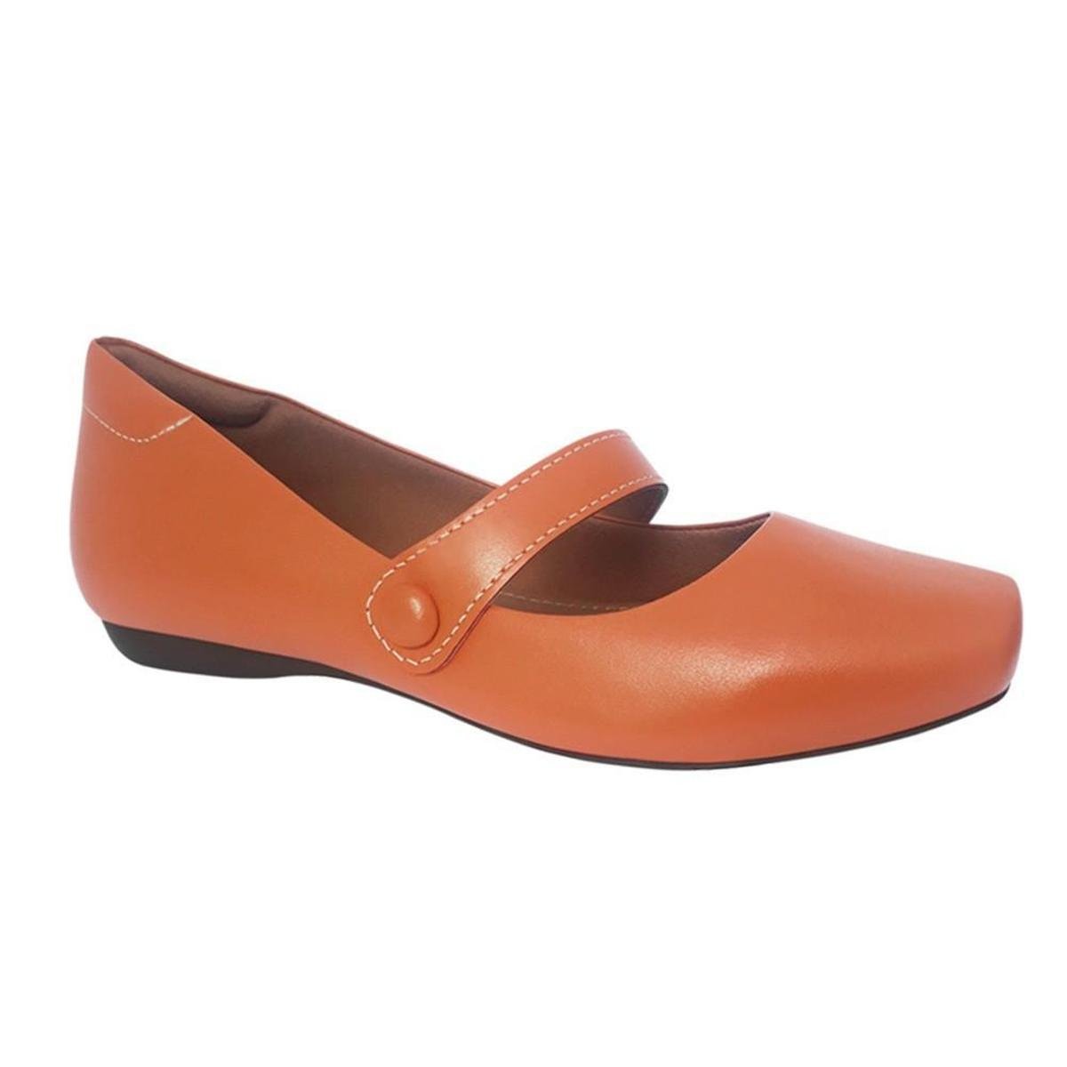 Sapatilha Boneca Couro Mary Jane Confort - Laranja Menor preço em Sapatilha Boneca Couro Mary Jane Confort - Laranja