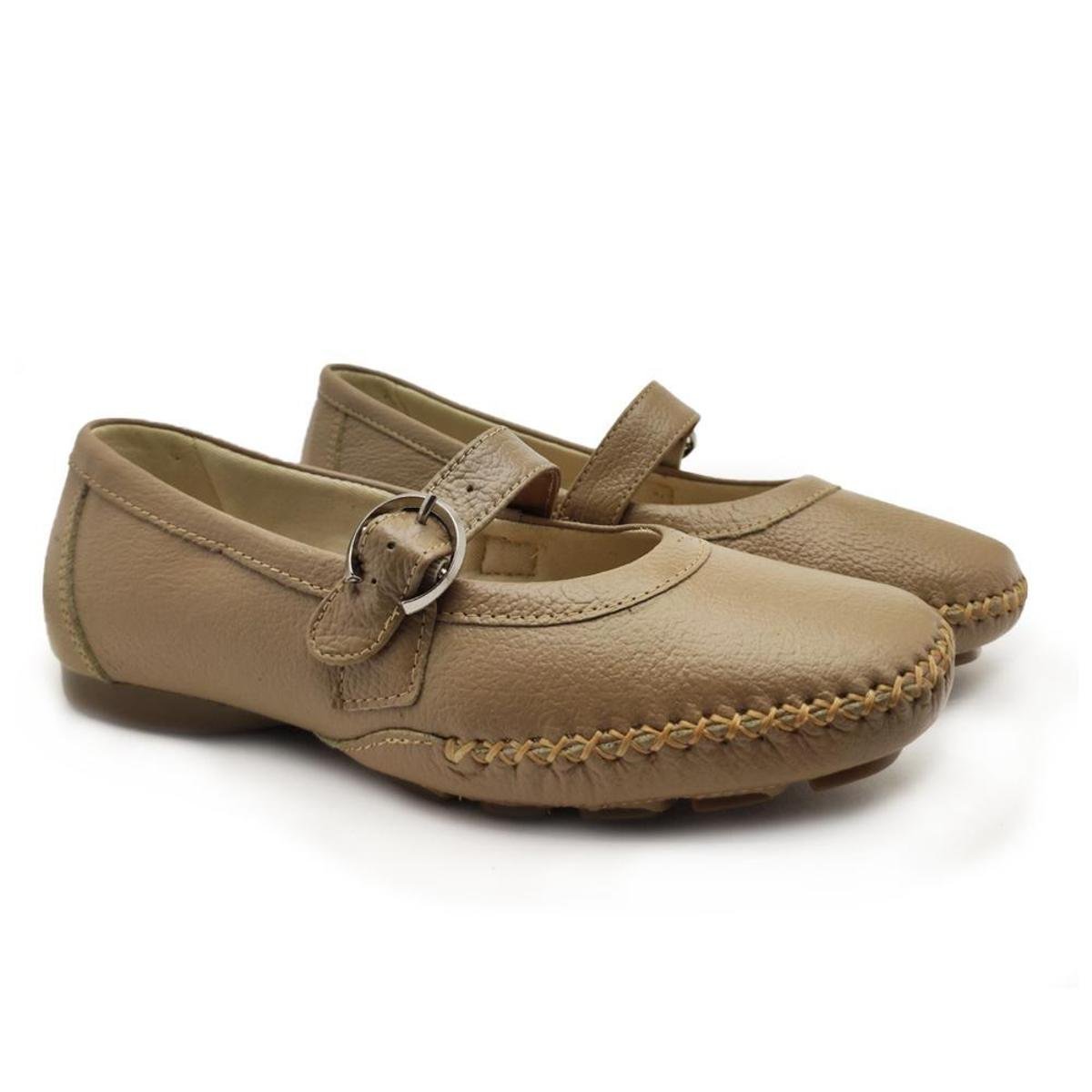 Sapatilha Boneca Feminina em Couro com Costura Manual e Fivela - Nude Menor preço em Sapatilha Boneca Feminina em Couro com Costura Manual e Fivela - Nude