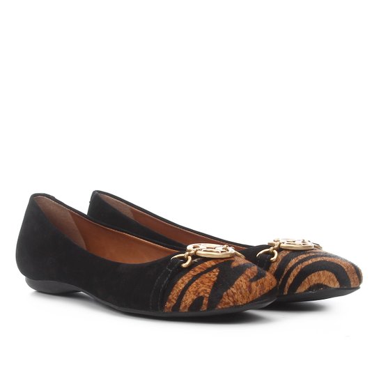 Sapatilha Couro Luz da Lua Bico Animal Print Fivela Feminina - Preto