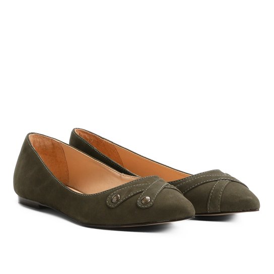 Sapatilha Couro Shoestock Bico Fino Botões Feminina - Musgo