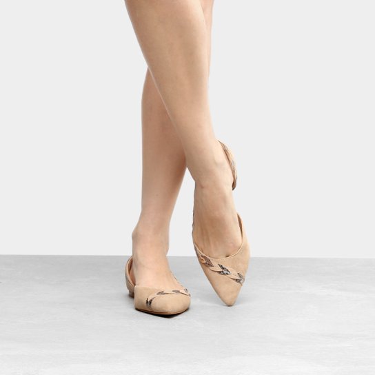 Sapatilha Couro Shoestock Bico Fino Folhas Feminina - Cinza