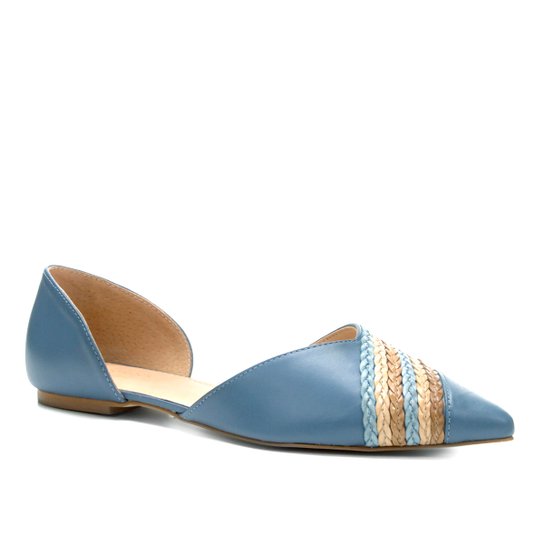 Sapatilha Couro Shoestock Bico Fino Tranças Feminina - Azul