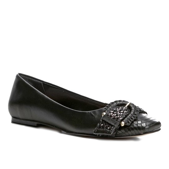 Sapatilha Couro Shoestock Bico Quadrado Fivela Feminina - Preto
