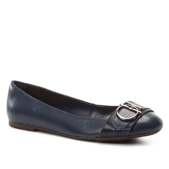 Sapatilha Couro Shoestock Bico Redondo Metal Feminina - Marinho