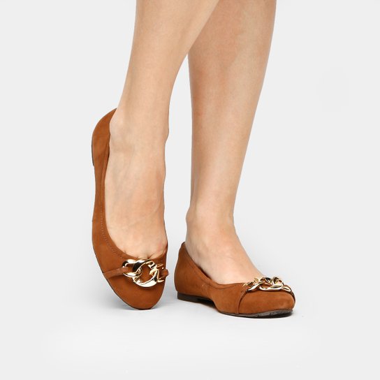 Sapatilha Couro Shoestock Corrente Feminina - Caramelo