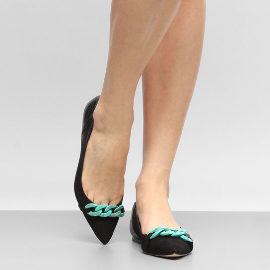 Sapatilha Couro Shoestock Corrente Resina Feminina - Preto