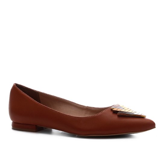 Sapatilha Couro Shoestock Detalhe Madeira Feminina - Caramelo