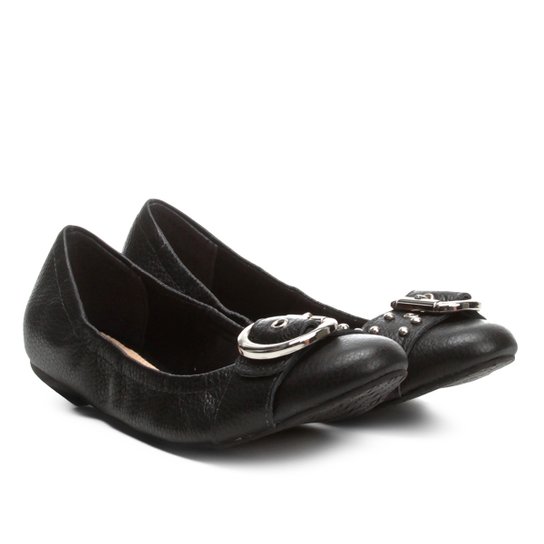 Sapatilha Couro Shoestock Fivela Tachas Feminina - Preto