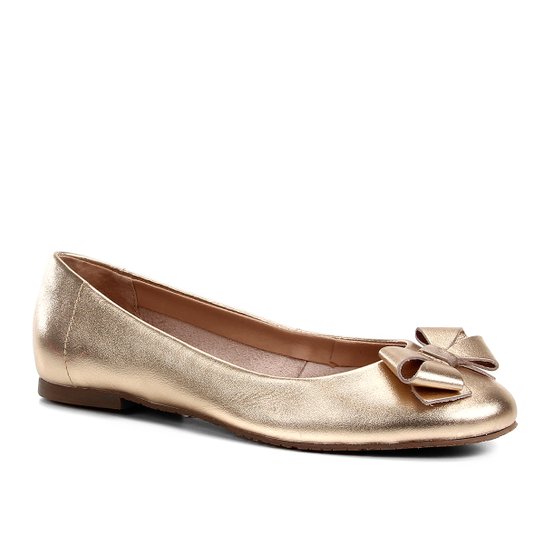 Sapatilha Couro Shoestock Laço Feminina - Dourado