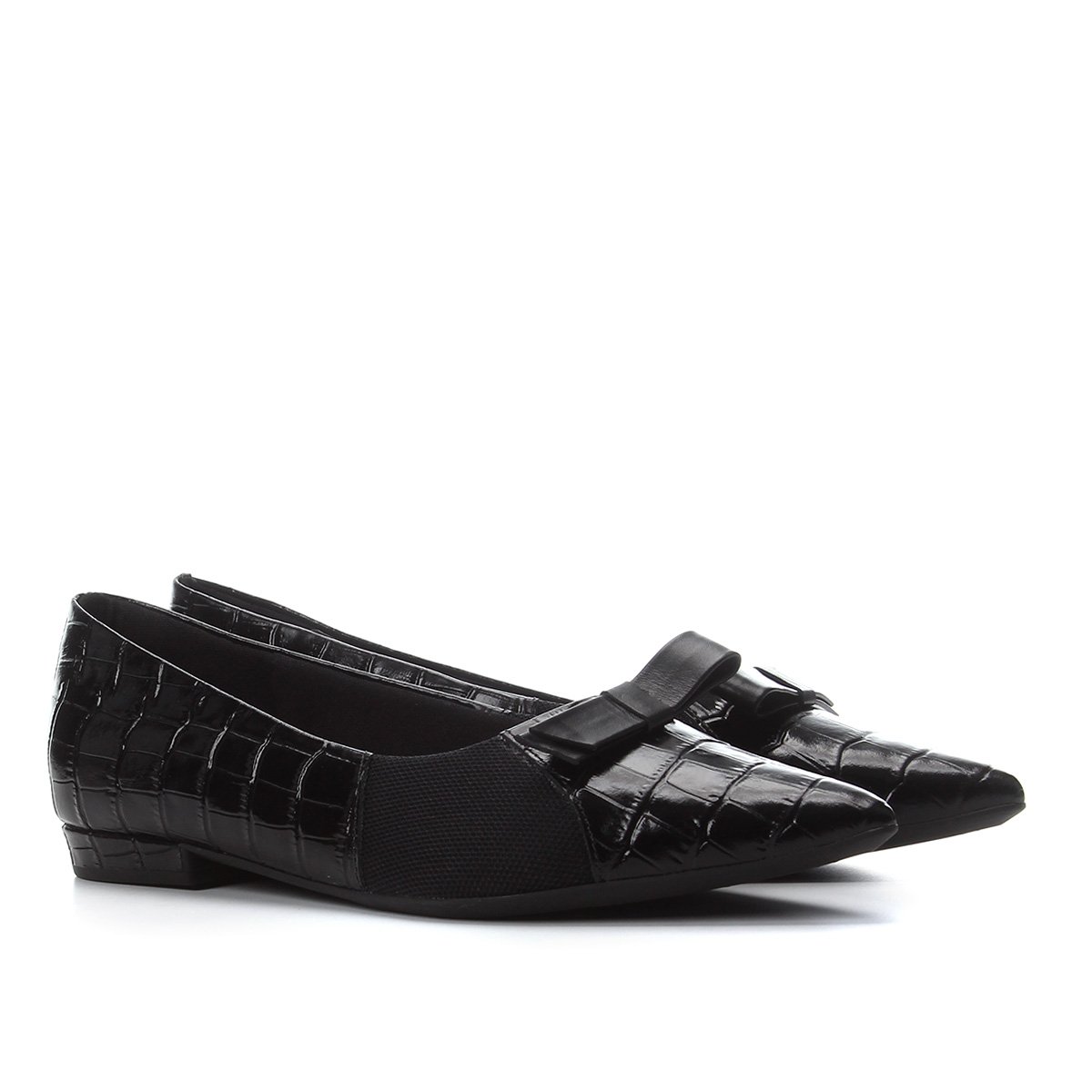 Sapatilha Couro Usaflex Bico Fino Croco Elástico Joanete Feminina - Preto Menor preço em Sapatilha Couro Usaflex Bico Fino Croco Elástico Joanete Feminina - Preto