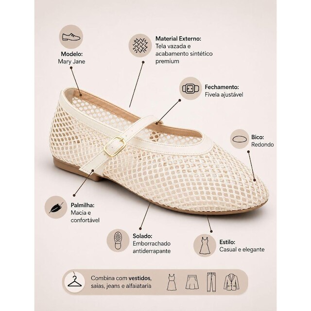 Sapatilha Feminina Tela Leruchel Mary Jane Fivela Confortavel Elegante Off White