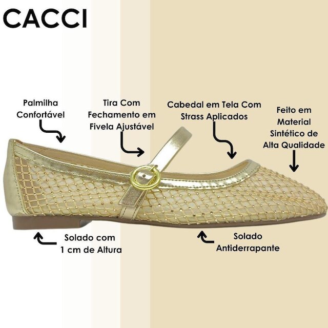 Sapatilha Feminina Tela Strass Boneca Conforto Moderna Cacci