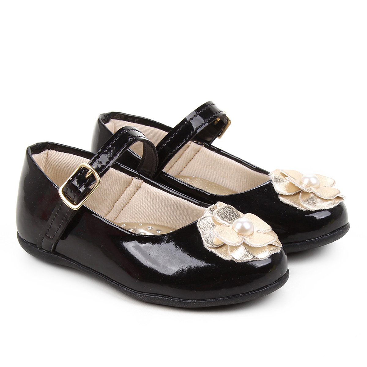 Sapatilha Infantil Bella Ninna Flor Verniz Feminina - Preto+Dourado Menor preço em Sapatilha Infantil Bella Ninna Flor Verniz Feminina - Preto+Dourado