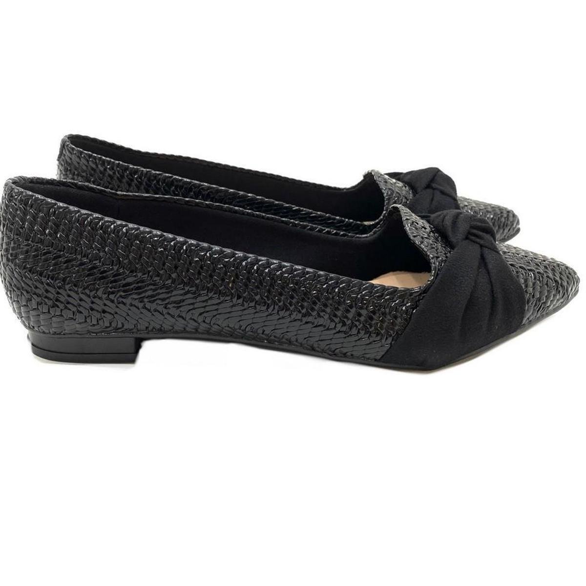 Sapatilha moleca bico fino verniz tramado com laço feminina - Preto Menor preço em Sapatilha moleca bico fino verniz tramado com laço feminina - Preto