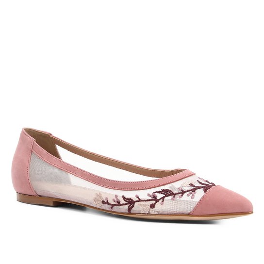 Sapatilha Shoestock Bico Fino Tela Bordado Feminina - Rosa