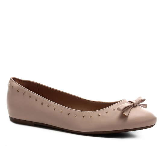 Sapatilha Shoestock Bico Redondo Laço Tachas - Nude