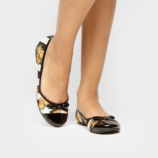 Sapatilha Shoestock Biqueira Verniz - Preto+Laranja