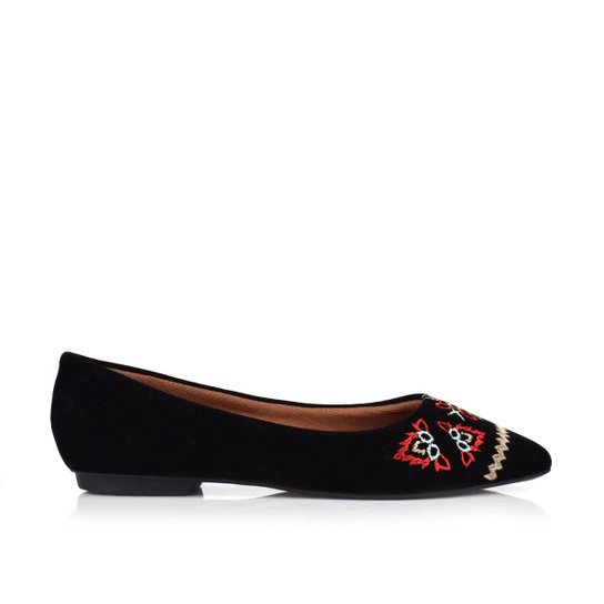 Sapatilha Valéria Prado Camurça Bordado Feminina - Preto+Vermelho