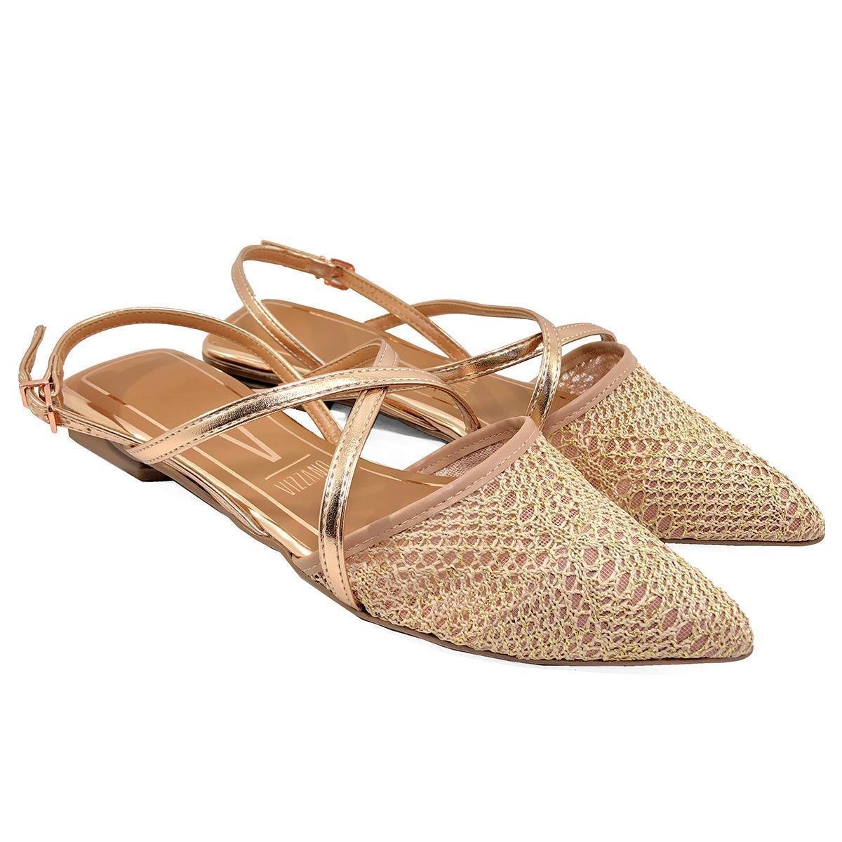 Sapatilha Vizzano Bico Fino Slingback Crochê - Feminina - Bege+Dourado |  Zattini
