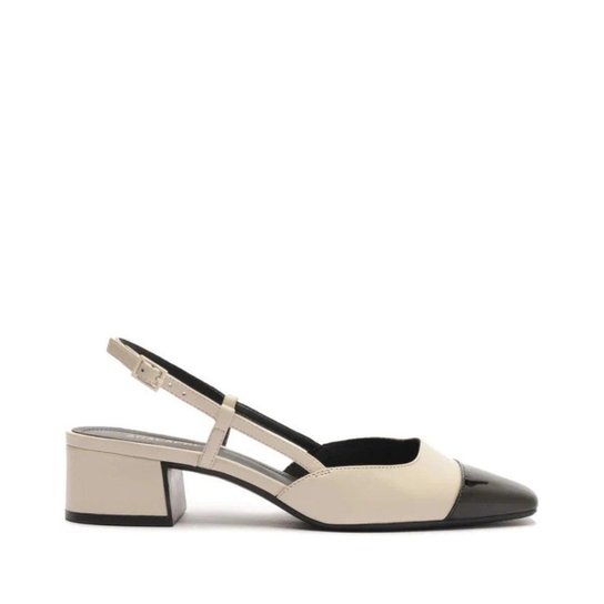 Sapato Anacapri Slingback Salto Bloco Bege Ponta Verniz